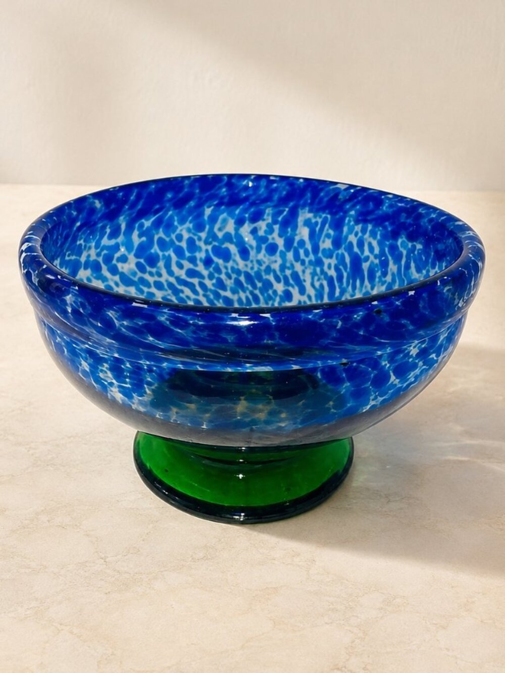 Vintage Murano Style Handblown Blue Green Art Glass Pedestal Bowl Boho 4” x 6”